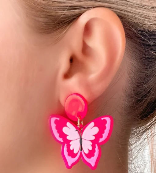 Acrylic Butterfly Dangle Earrings - Pink