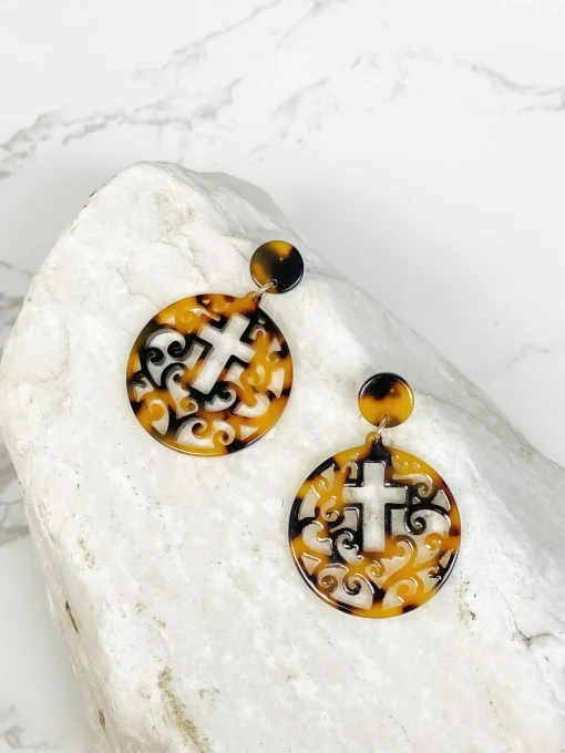 Acrylic Filigree Cross Dangle Earrings - Tortoise