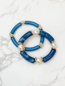 Acrylic Pearl Tube Bracelet Set - Blue