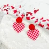 Acrylic Red Checkered Heart Dangle Earrings
