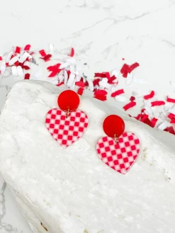 Acrylic Red Checkered Heart Dangle Earrings