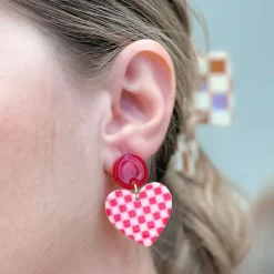 Acrylic Red Checkered Heart Dangle Earrings