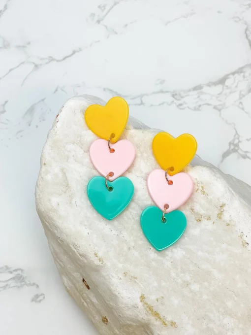 Acrylic Triple Heart Dangle Earrings - Multi
