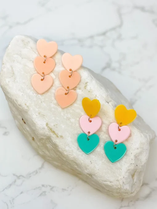 Acrylic Triple Heart Dangle Earrings - Multi