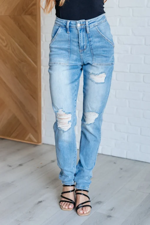 Aiden High Rise Patch Pocket Distressed Boyfriend Jeans by Judy Blue
