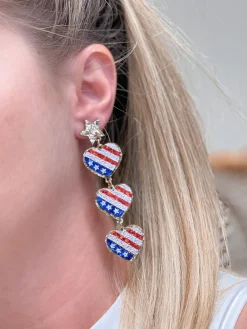 American Flag Heart Trio Dangle Earrings