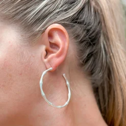 Bamboo Matte Metal Hoop Earrings - Silver