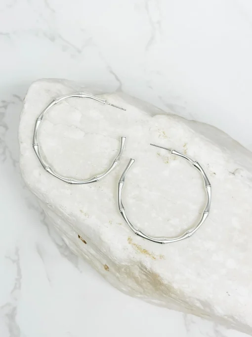 Bamboo Matte Metal Hoop Earrings - Silver