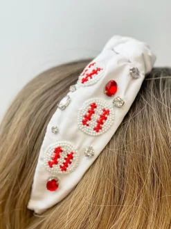 Beaded Baseball Embellished Headband - White