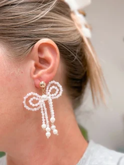 Beaded Bow & Pearl Dangle Earrings