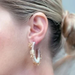 Beaded Floral Embellished Hoop Earrings - Gold