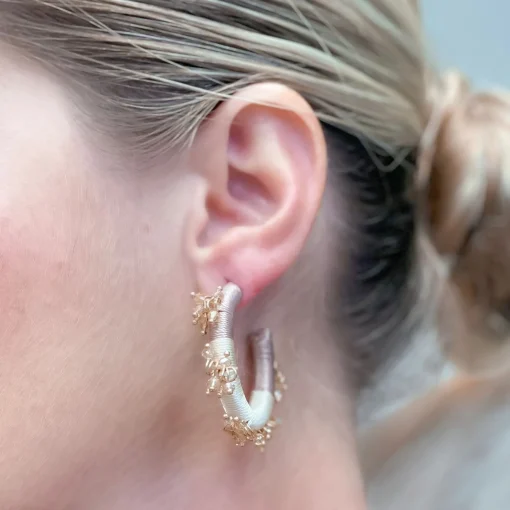 Beaded Floral Embellished Hoop Earrings - Gold
