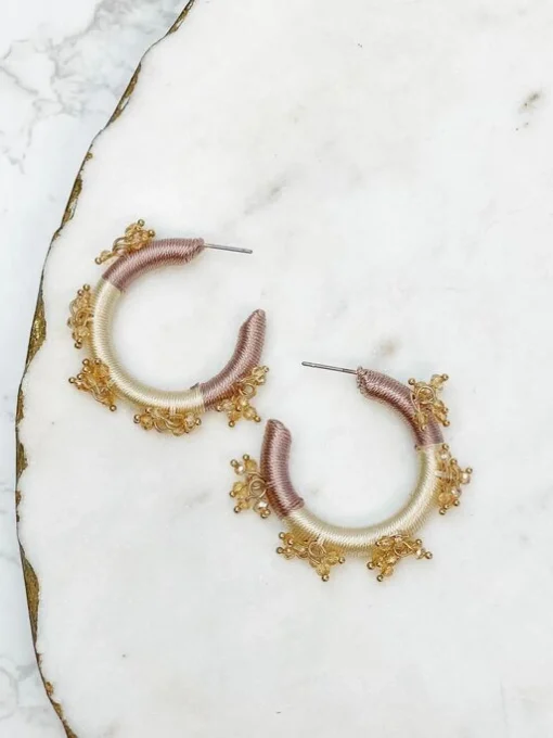 Beaded Floral Embellished Hoop Earrings - Gold