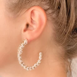 Beaded Mini Flower Lined Hoop Earrings - Ivory