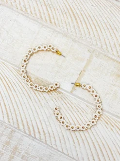 Beaded Mini Flower Lined Hoop Earrings - Ivory