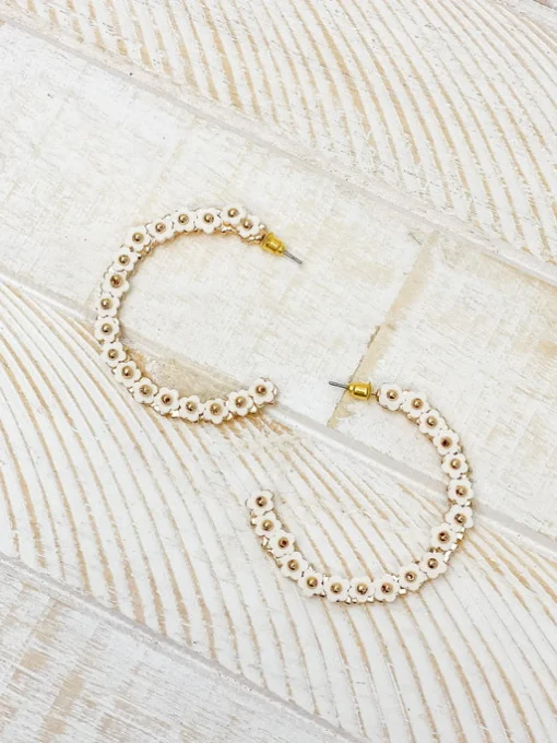 Beaded Mini Flower Lined Hoop Earrings - Ivory