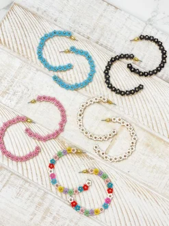 Beaded Mini Flower Lined Hoop Earrings - Ivory