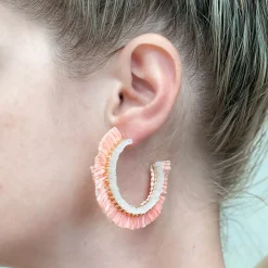 Beaded Raffia Hoop Earrings - Coral