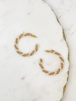 Beaded Twist Hoop Earrings - Mauve