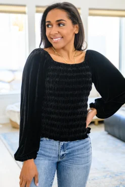 Believe In Miracles Smocked Velvet Top In Black