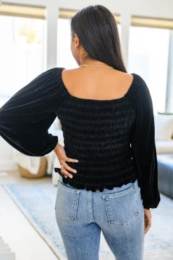 Believe In Miracles Smocked Velvet Top In Black