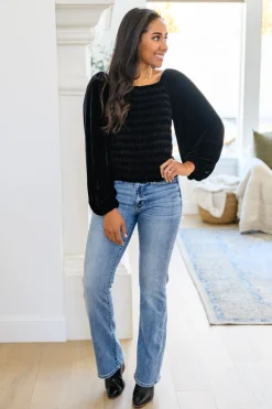 Believe In Miracles Smocked Velvet Top In Black