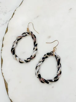 Black & White Marbled Gold Dangle Hoop Earrings
