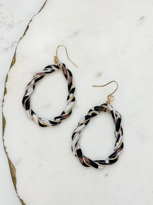 Black & White Marbled Gold Dangle Hoop Earrings