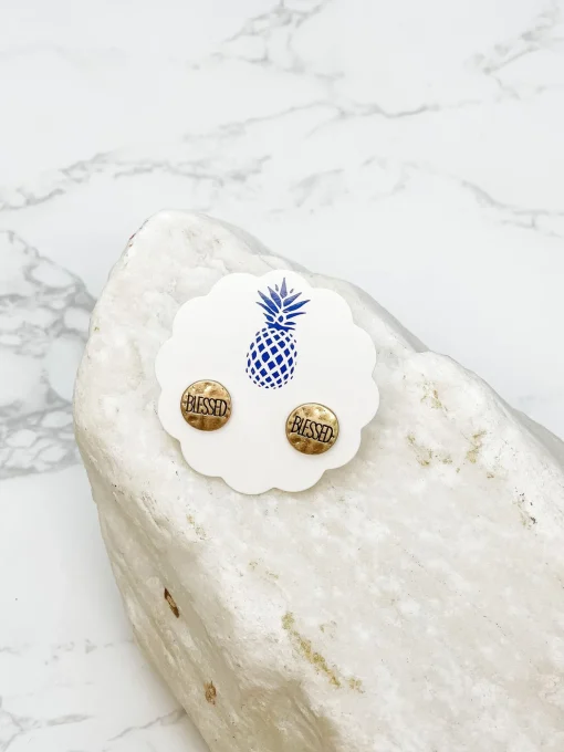 'Blessed' Sentiment Stud Earrings - Gold