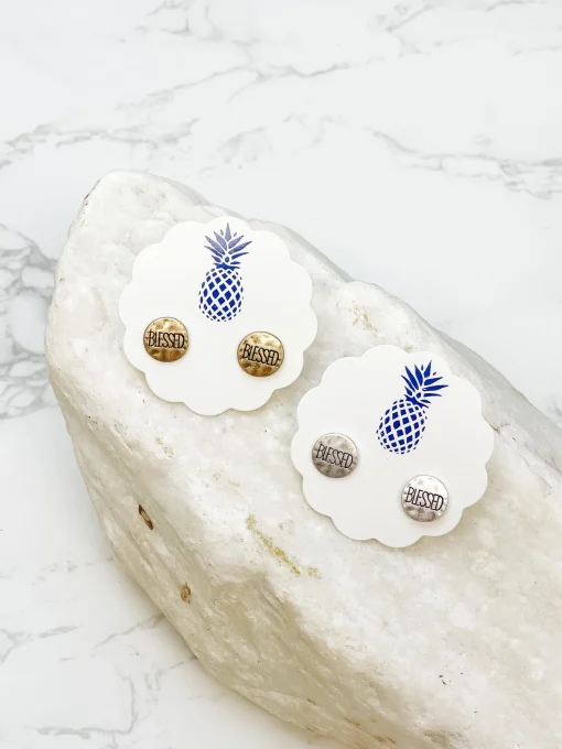 'Blessed' Sentiment Stud Earrings - Gold