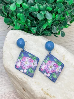 Blue Floral Mosaic Tile Dangle Earrings