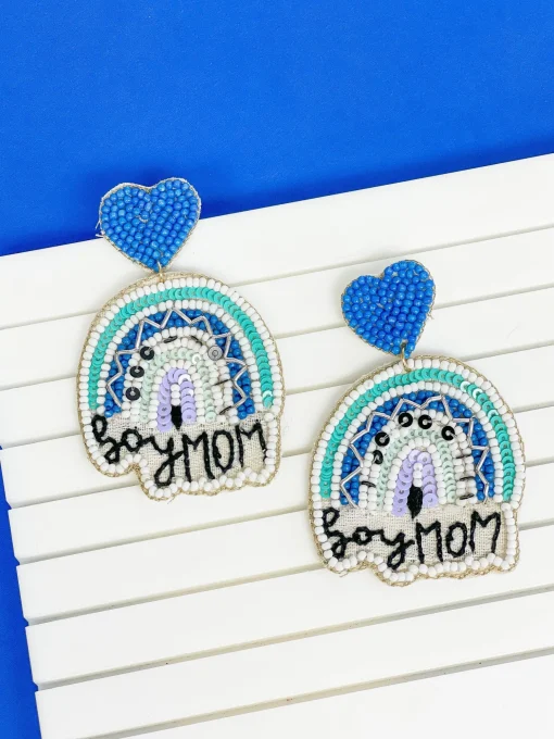 'Boy Mom' Blue Rainbow Dangle Earrings