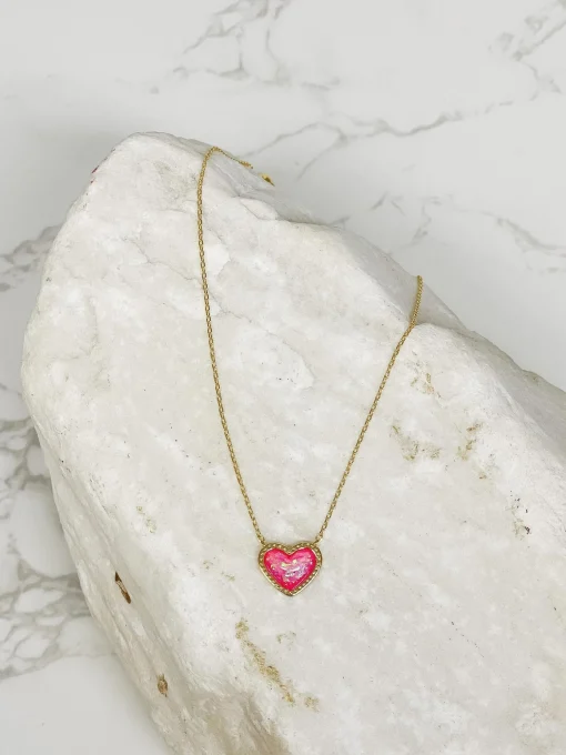Bright Gold-Dipped Heart Charm Necklace - Pink