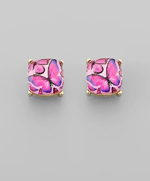 Butterfly Glass Stud Earrings - Fuchsia