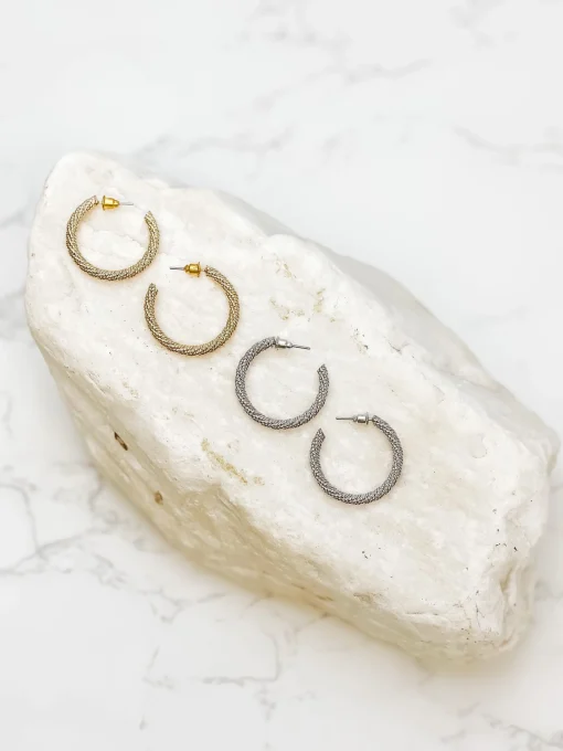 Cable Twisted Hoop Earrings - Silver