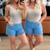 Celeste Mid Rise Shield Pocket Cutoff Shorts by Judy Blue - Sky Blue