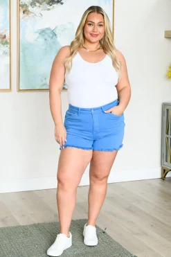 Celeste Mid Rise Shield Pocket Cutoff Shorts in Sky Blue - 3/11