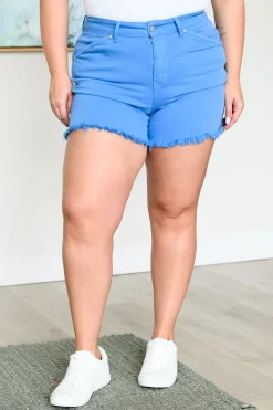 Celeste Mid Rise Shield Pocket Cutoff Shorts in Sky Blue - 3/11