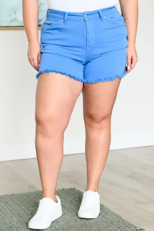 Celeste Mid Rise Shield Pocket Cutoff Shorts in Sky Blue - 3/11
