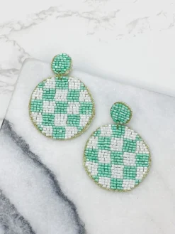 Checkered Beaded Dangled Earrings - Mint