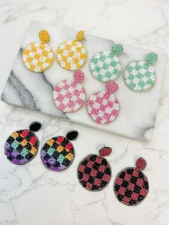 Checkered Beaded Dangled Earrings - Multi