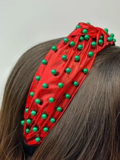 Christmas Pearl Embellished Top Knot Headband - Red