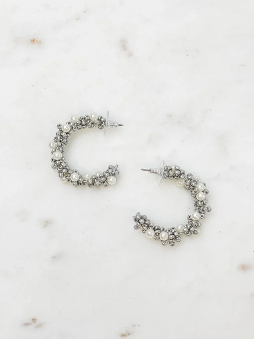 Classic Pearl Cluster Hoop Earrings - Silver