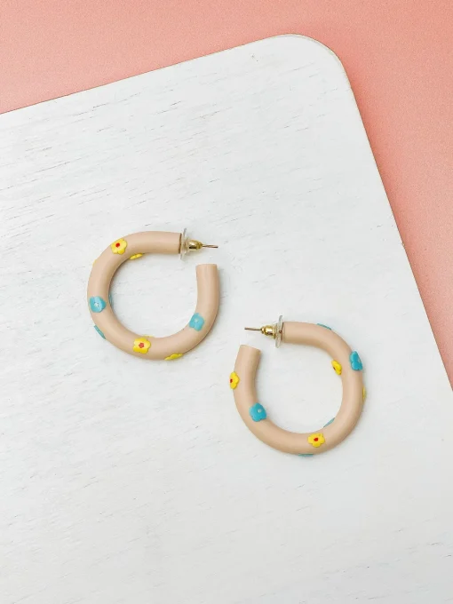 Clay Flower Hoop Earrings - Blush