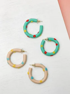 Clay Flower Hoop Earrings - Mint