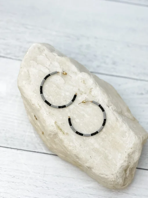 Coated Metal Beaded Hoop Earrings - Gray Multi
