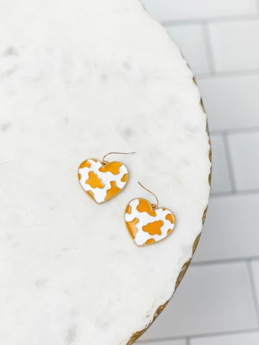 Cow Print Heart Enamel Dangle Earrings - Brown