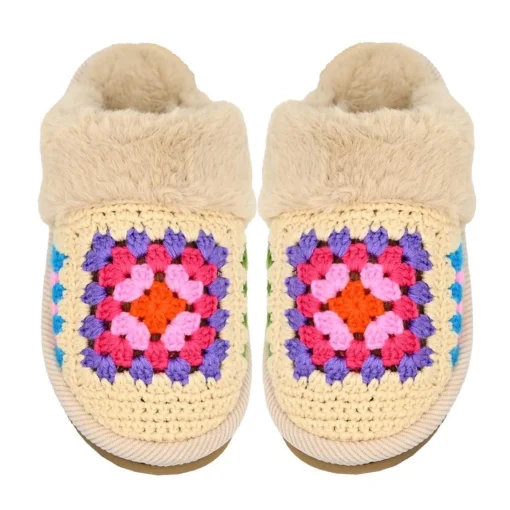 Crochet Granny Square Fur Cuff Slippers - Beige