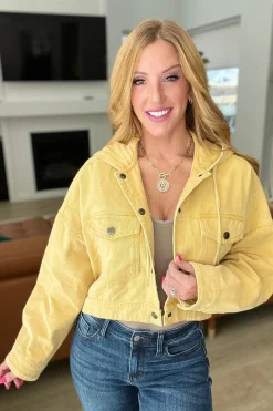 Cropped Hooded Denim Jacket in Mustard