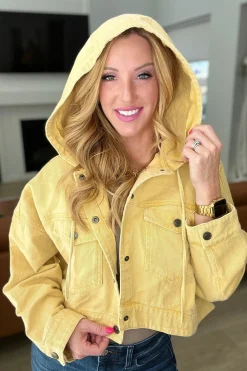 Cropped Hooded Denim Jacket in Mustard